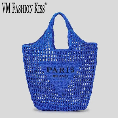 2024 Luxury Design Women Plaited Raffia Straw Bag Large Capacity Casual Tote Handbag Hollow Summer Beach Vacation Shoulder Bag
