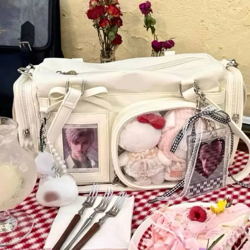 Y2K New Bow Ita Shoulder Bags Sweet Girl Transparent Bag Large Capacity Comic Exhibition Crossbody Bag Cute DIY Display Handbags