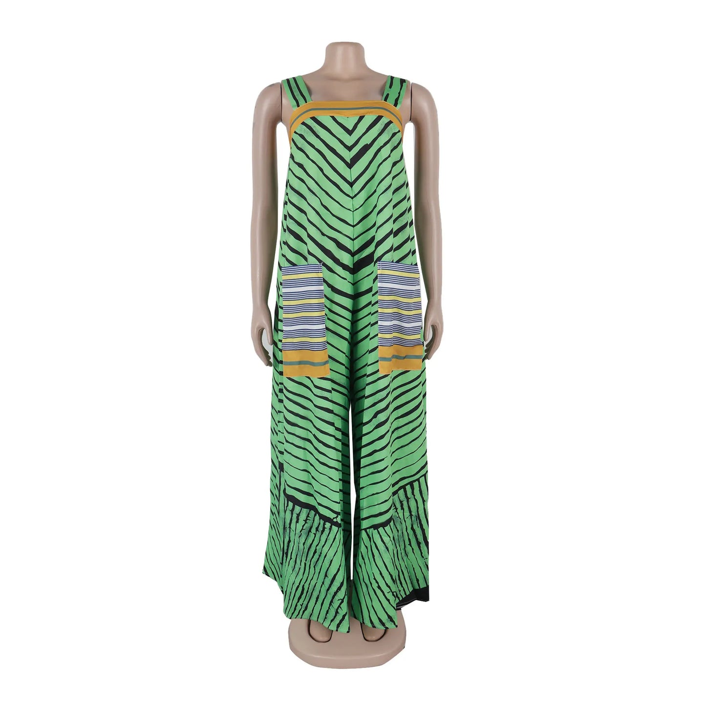Jumpsuits Women Sling One Piece Print Striped Sleeveless Overalls Wide Leg Long Pants Loose Casual Rompers Elegant Splice