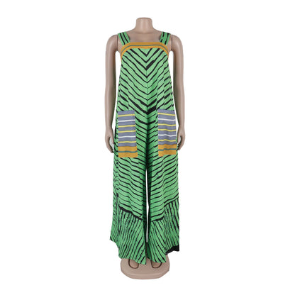 Jumpsuits Women Sling One Piece Print Striped Sleeveless Overalls Wide Leg Long Pants Loose Casual Rompers Elegant Splice