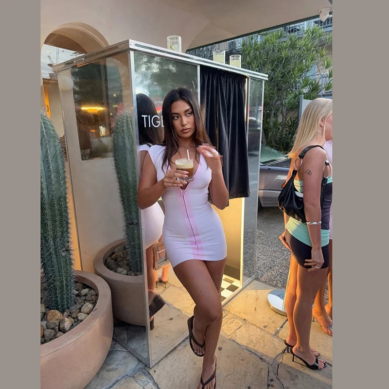 Women's Y2k Sleeveless Cap Sleeve Bandage Dress Color Block Zip Front Deep V Tight Bodycon Vestidos Summer Going Out Clubwear