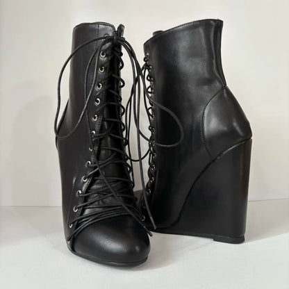 Patchwork Wedge Platform Ankle Boots Women Fashion Round Toe Front Lace Up Shoes Ladies Punk Chic Zipper Suede Cross Tied Boots