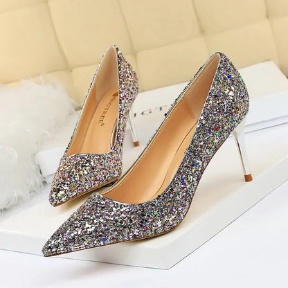 Women Luxury Bling Red  Blue Valentine Party Scarpins Pumps Lady Glitter Sequins 7cm 9.5cm High Heels Designer Shoes Plus Size