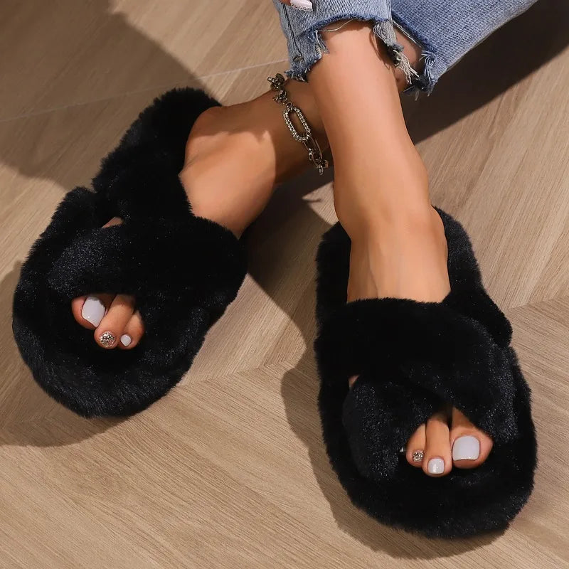 Women Open‑Toe Fuzzy Slippers Winter Autumn Thick Sole Non‑Slip Fluffy House Maternity Slippers Indoor Outdoor Wear