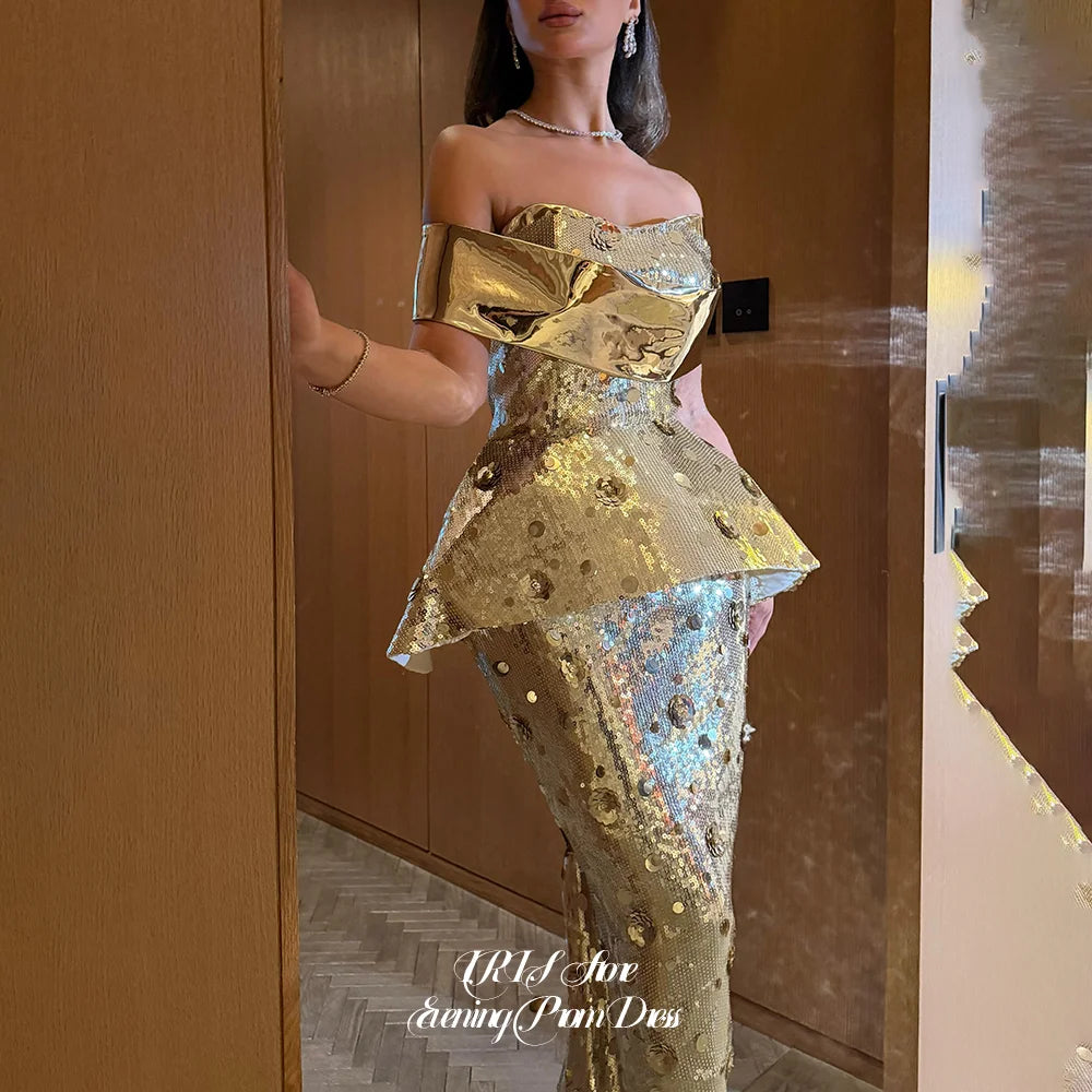 IRIS 2026 New Arrival Luxury Gold Sequin Mermaid Maxi Evening Dress Off Shoulder Strapless Formal Prom Gown for Women Gala