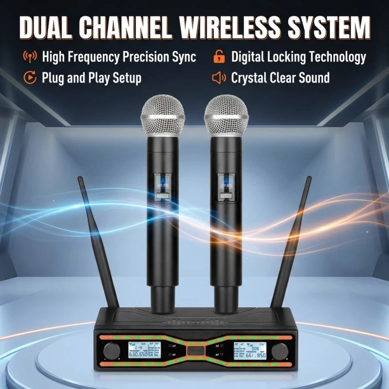 2-Channel Wireless Microphone System, UHF Fixed Dual-Frequency Wireless Kit with 2 Handheld Dynamic Transmitter Microphones and Receiver Base, Suitable for Singing, Weddings, DJs, Parties, Black
