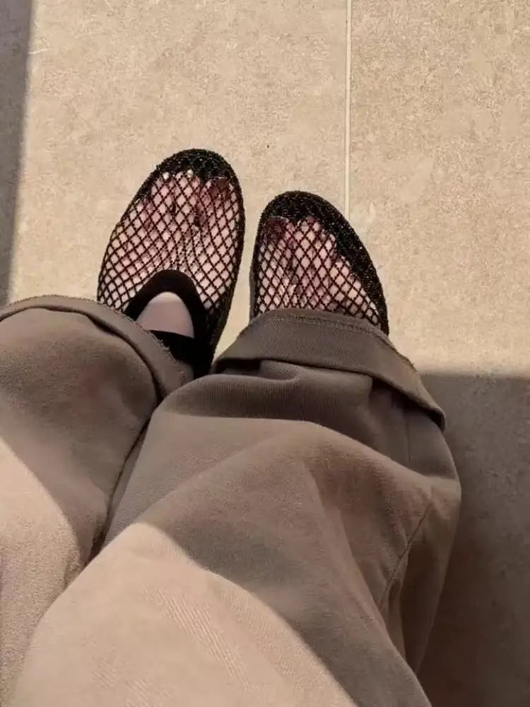 2026 New Model~ Fishnet Rhinestone Ballet Flat Mary Jane Women's Shoes with Hollowed-Out Strap