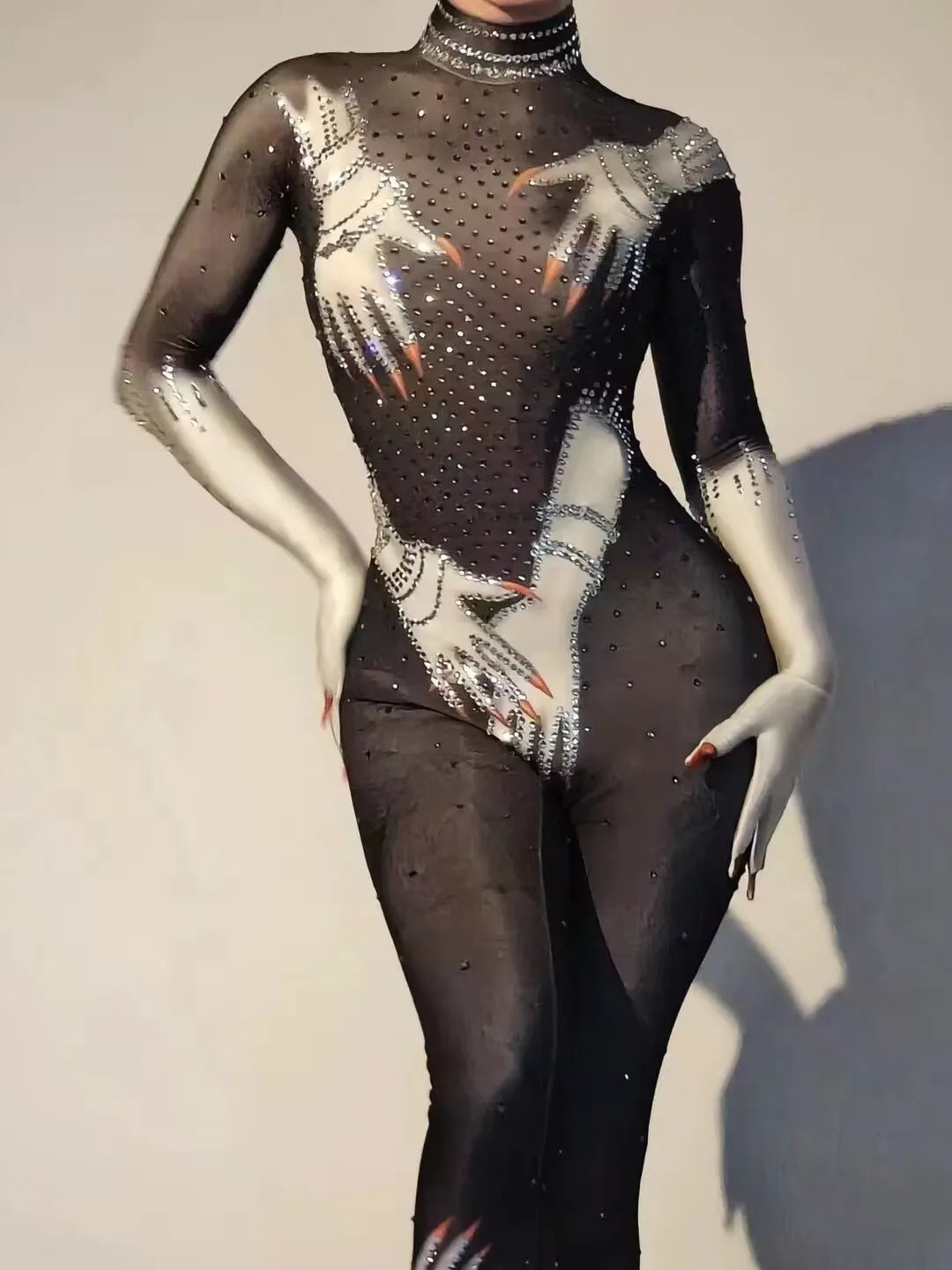 Sexy Full Diamond Long Sleeved Jumpsuit Ballroom Pole Dancer Performance Outfit Fashionable Club Suit Women's Photography