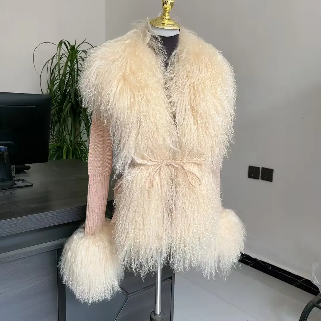 Mongolian Wool Knitted Cardigan Women's Brown Autumn Winter Knitted Cardigan Paired with Real Mongolian Wool Collar Jacket