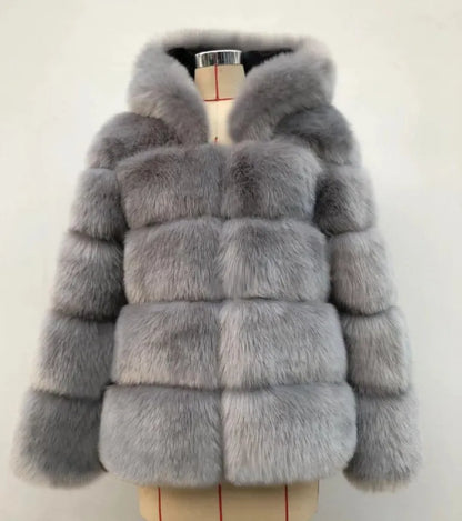 Fashion Winter Women Imitation Fox Fur Jacket Hooded Loose Long Sleeves Female Eco Fur Coat Patchwork Plush Thick Lady Fur Coat