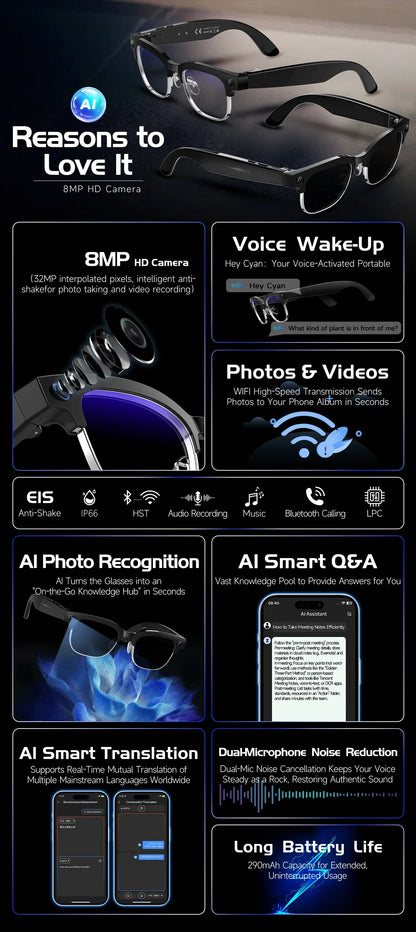 AI Smart Glasses To Take Photos Videos 800W HD Camera Intelligent Translation Photo-taking And Object Recognition Smart Glasses