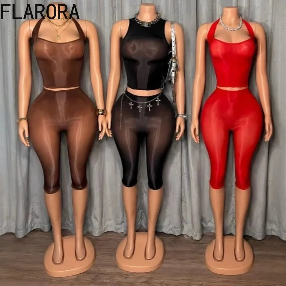 FLARORA Sexy Mesh See Through 2 Piece Sets Woman Halter Crop Tank Tops And Skinny Capri Pants Hottie Midnight Party Club Suits