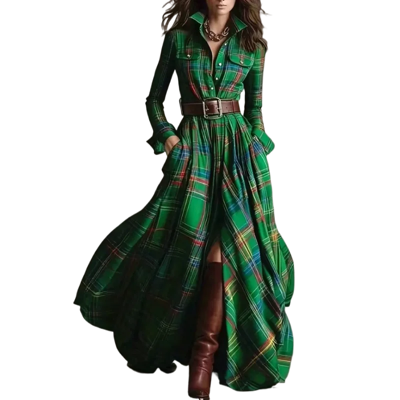 Autumn Vintage Long Sleven Dress for Women Plaid Print Shirt Maxi Dress Vacation Female Elegant Belt Loose Pocket A-line Dresses