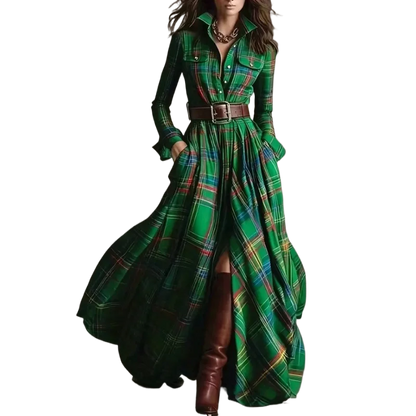 Autumn Vintage Long Sleven Dress for Women Plaid Print Shirt Maxi Dress Vacation Female Elegant Belt Loose Pocket A-line Dresses
