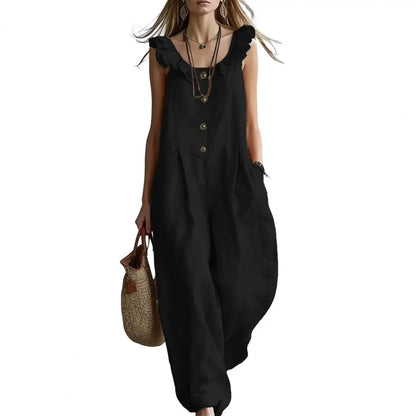 Loose Fit Jumpsuit Ruffle Strap Jumpsuit Women’s Ruffle Crew Neck Jumpsuit with Pockets Wide Leg Rompers Summer Travel
