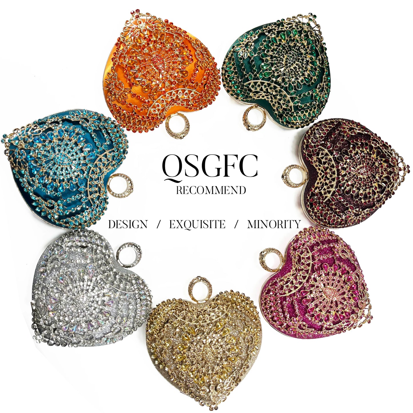 QSGFC Italian Design Rhinestone-encrusted Sex Ladies Shoes And Special Bag High Heels And Heart Shape Gold Mini Bag