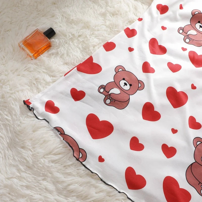 FINETOO Summer Teddy Bear Sleepwear Women Seamless Hearts Butterfly Floral Printed Sleeveless Ruffled Loungewear Cute Nightdress
