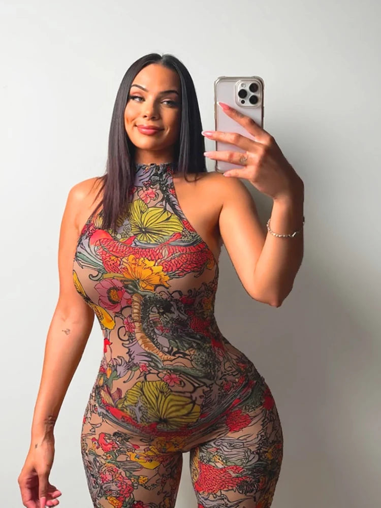 Kliou Colorful Print Playsuits Woman Bandage Halter Backless Skinny Peach Hip Female Midnight Club Party Sexy Fashion Rompers