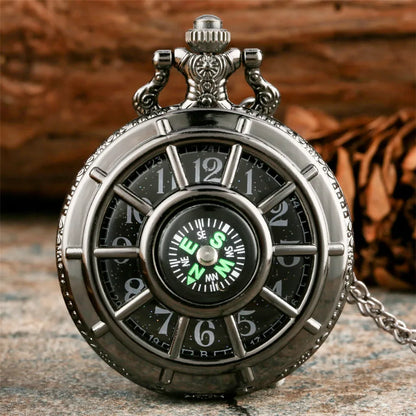 Vintage Black Compass Design Quartz Pocket Watch, With Necklace Pendant, World-Time Feature, Pointer Display Pocket Watch