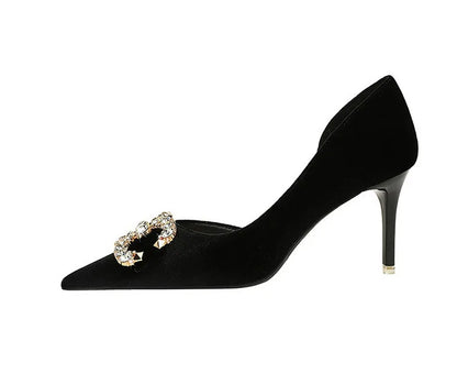 BIGTREE Party Pumps 7cm Thin High Heels Western Style Velvet Shallow Pointed Toe Side Hollow Crystal Pearl Bow Lady Shoes Pink