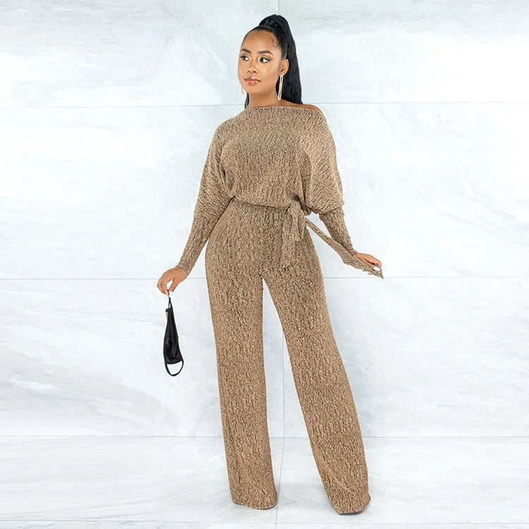 Jumpsuits Women 2022 Spring Long Sleeve High Waist Loose Belt Wide Leg Jumpsuit Elegant Office Ne Piece Outfit Party Overalls