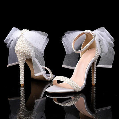 Summer New brand Fashion Bowknot Beading Women Gladiator Sandals Luxury Pearls White thin High heels Wedding Bridal Party Shoes