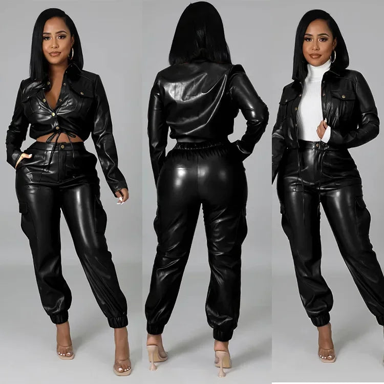 Women Jacket Sets 2 Piece Long Sleeved Slim PU Leather Gripped Pants Set Solid Zipper Fly Pencil Pants Slim Fit High Street Suit