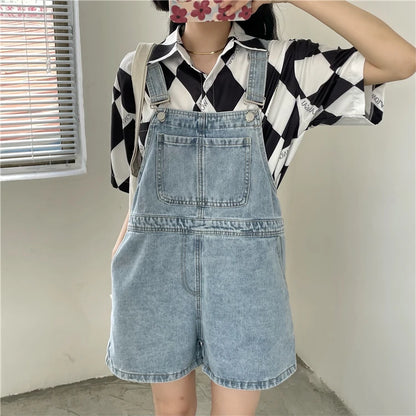 Women's Denim Overalls Short Trousers Wide Leg Loose Fit Thin Jumpsuit Korean Style for Petite Ladies Casual Clothing