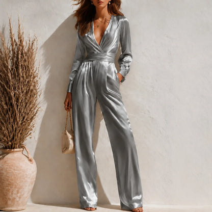 Women Cargo Pants One-Piece Suit Satin Full Long Coverall Rompers Casual Solid Color V Neck Jumpsuit For Work Travel Holiday