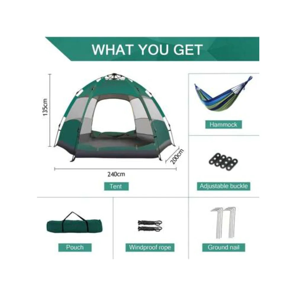 Automatic Pop Up Camping Tent for 3 4 Person Waterproof UV Protection Instant Setup Includes Hammock Picnic Mat Inflatable Pillow Breathable Portable Family Shelter for Beach Fishing Hiking Travel Outdoor