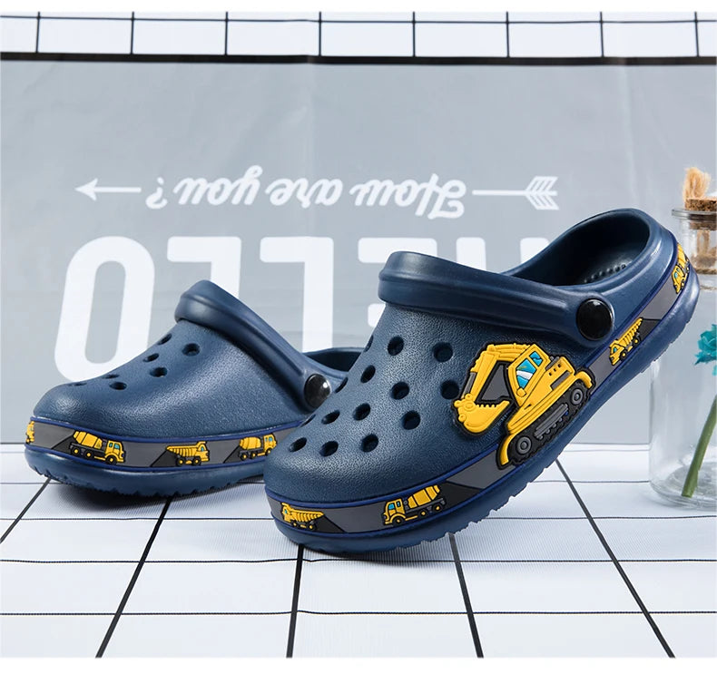 Children Shoes Baby Boys Slippers Cartoon Excavator Print Clogs Summer Breathable Soft Indoor Sports Boy Slippers