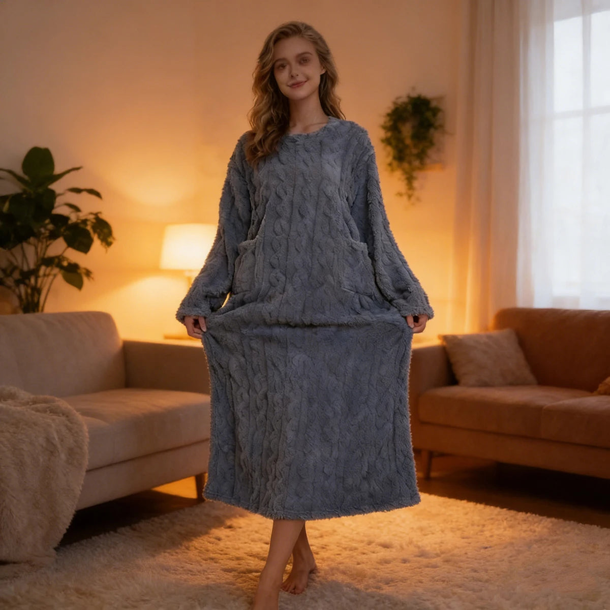 Women's Fuzzy Fleece Nightgown Winter Warm Cozy Plush Pajamas Casual Long Sleeve Crewneck Sleepwear Pullover Flannel Night Dress
