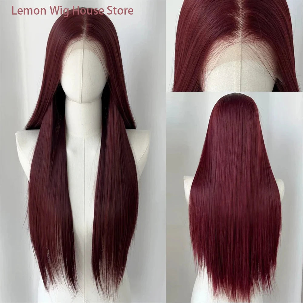 Wine Red Lace Front Wig Anime Cosplay Wig 28inch Long Straight Synthetic 13x4 Lace Front Wig Lolita High Quality Fibers Wigs