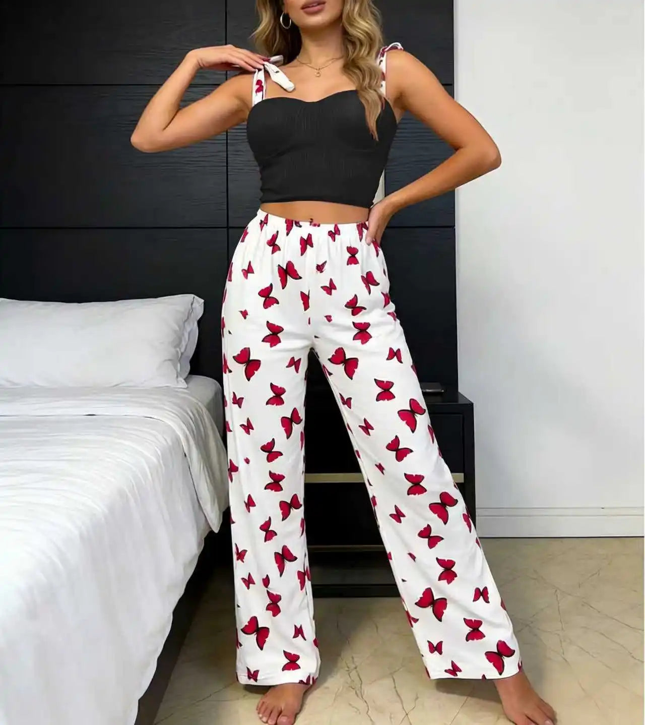 Women's Butterfly Print Tie Strap Cami Long Pants Pajama Set Summer Sexy Lounge Wear 2 Piece Set Female Soft Sleepwear