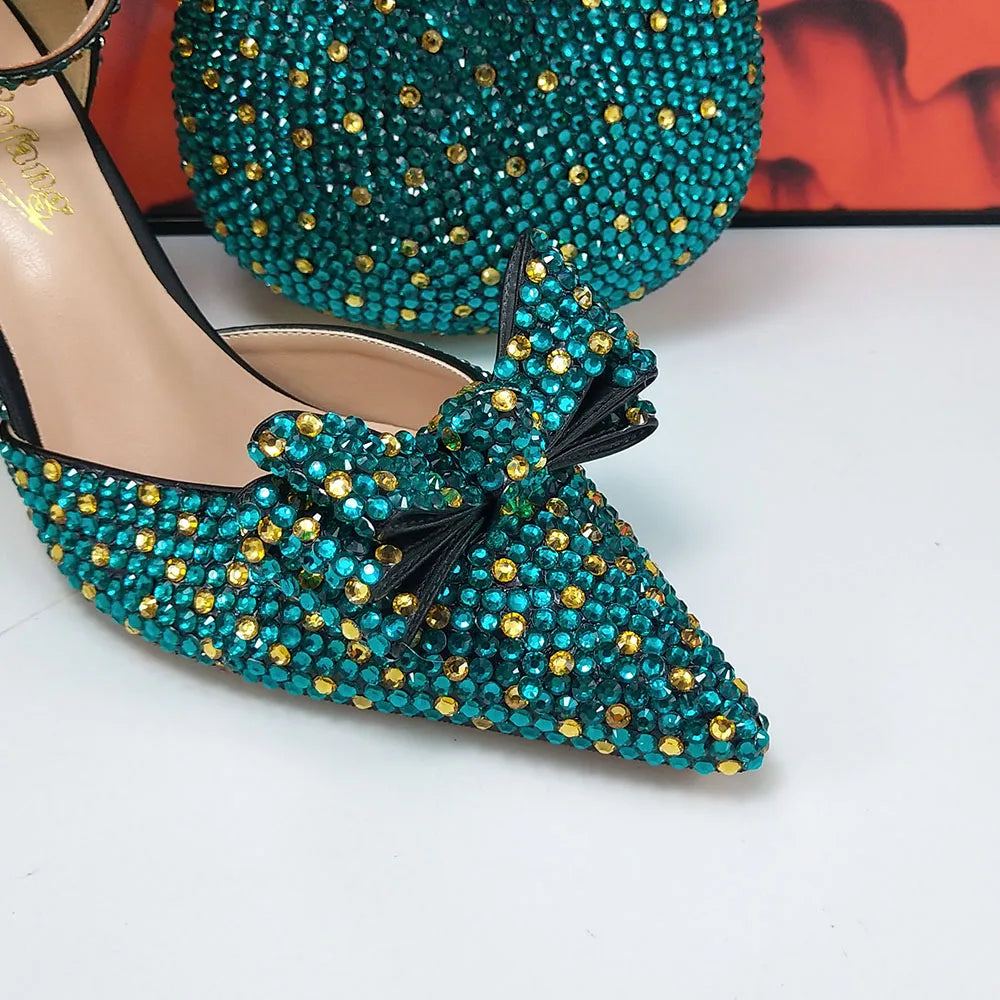BaoYaFang 2024 New Arrival Teal Blue Strawberry Bridal Wedding Shoes and Bag Female Ladies Party Shoes Ankle Strap High Pumps