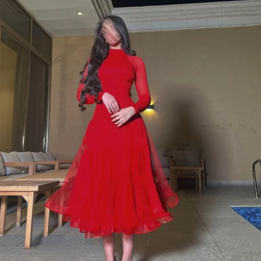 Customized  Prom Classic Modern Style High Collar A-line Draped Ankle-Length Tulle Bespoke Occasion Dresses Evening
