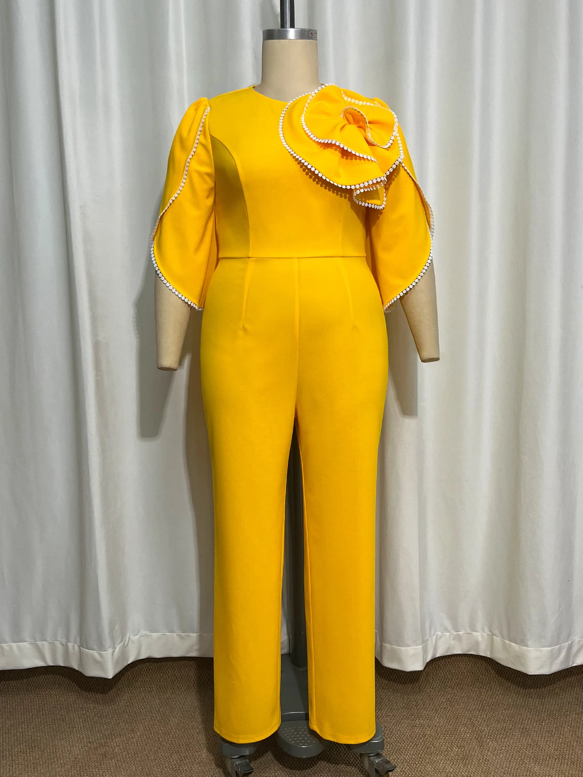 Women Elegant Jumpsuit O Neck White Trim 3D Flower Short Flare Sleeves Causal Church Party Wedding Guest Festival Occasions