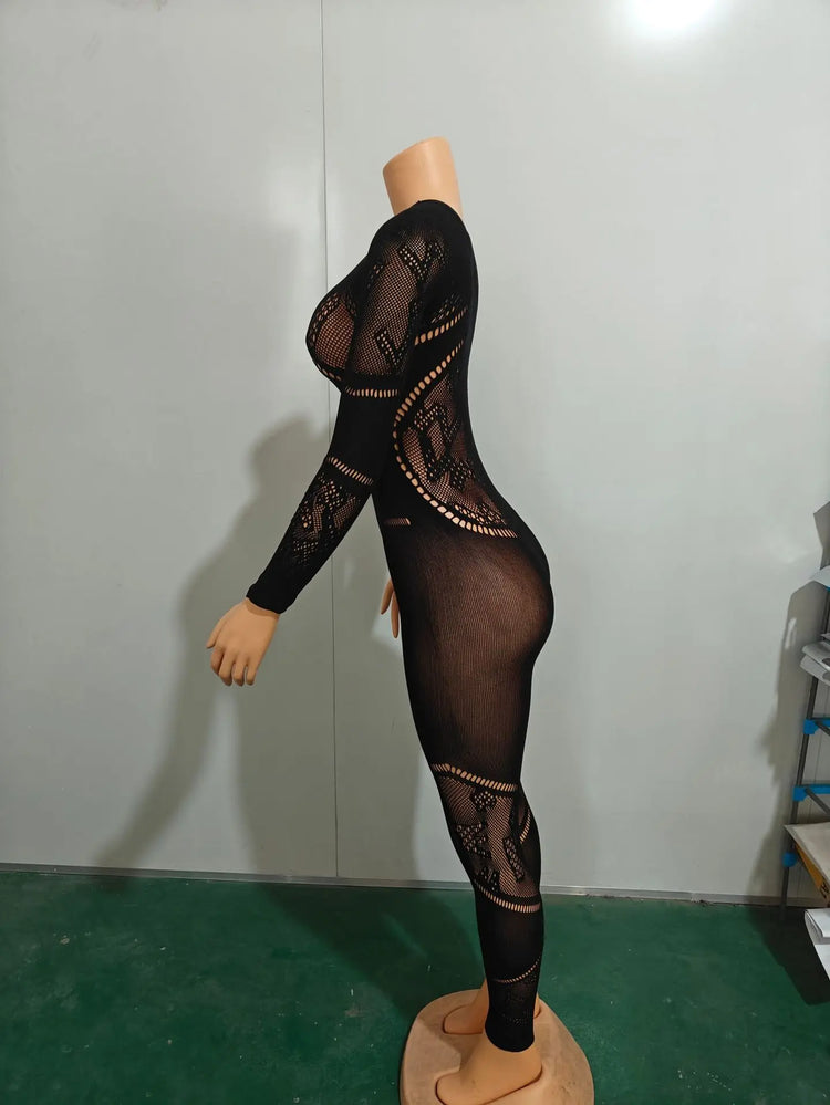 CM.YAYA Long Sleeve Sexy Mesh Lace Hollow Out Women’s Jumpsuits 2024 Fall O-Neck Night Club Party Pajamas  One Piece Outfits