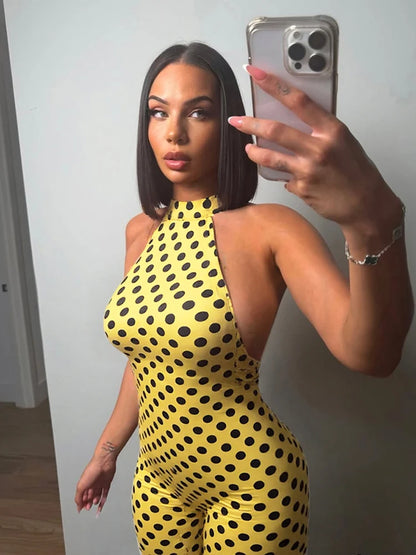 Kliou Colorful Print Playsuits Woman Bandage Halter Backless Skinny Peach Hip Female Midnight Club Party Sexy Fashion Rompers