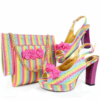 Doershow New Arrival African Wedding Shoes and Bag Set gold Color Italian Shoes with Matching Bags Nigerian lady party  HJK1-14