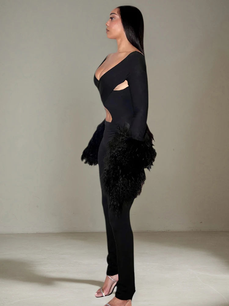 Weird Puss Cross Hollow Jumpsuit Women Sexy Fit Fur Patchwork Full Sleeve Workout Activity Streetwear Stretch Tight Overalls