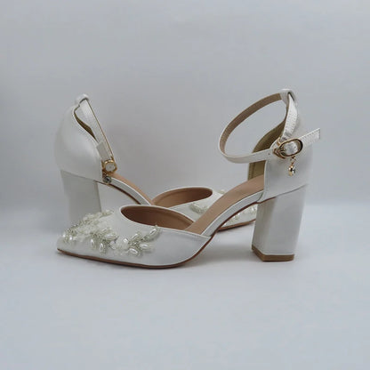 2024 White Pearl wedding shoes with matching bags High heels Pointed Toe Ankle Strap Ladies Party shoe and bag set Pearl Shoe