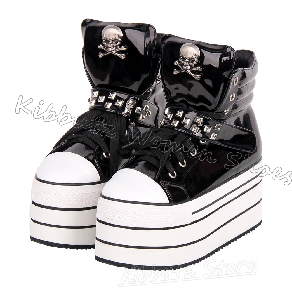 Leather Sports Ankle Boots Platform Rivet Lace-Up Women Shoes Mixed Color Thick Bottom Round Toe Luxury Novelty Concise Sexy New