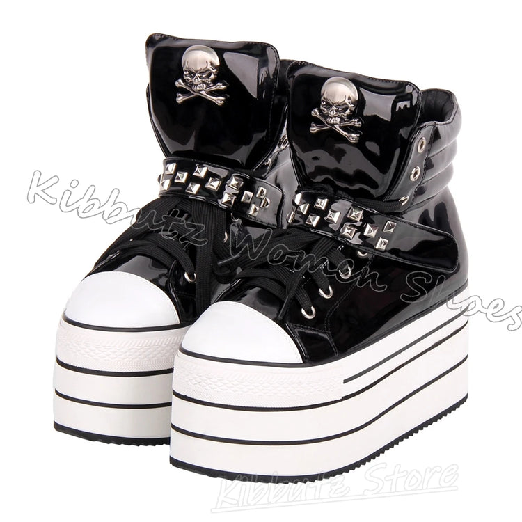 Leather Sports Ankle Boots Platform Rivet Lace-Up Women Shoes Mixed Color Thick Bottom Round Toe Luxury Novelty Concise Sexy New