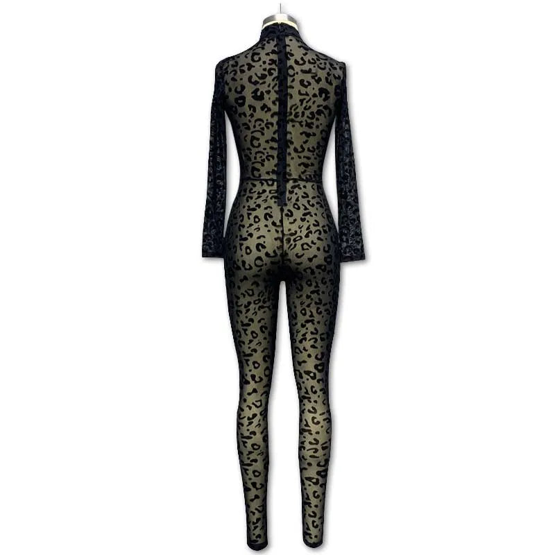 Jumpsuit Women 2023 Spring Fashion Leopard Print Mock Neck Casual Long Sleeve Skinny Daily Semi-Sheer Jumpsuit Y2K Streetwear