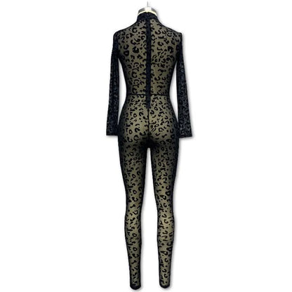 Jumpsuit Women 2023 Spring Fashion Leopard Print Mock Neck Casual Long Sleeve Skinny Daily Semi-Sheer Jumpsuit Y2K Streetwear