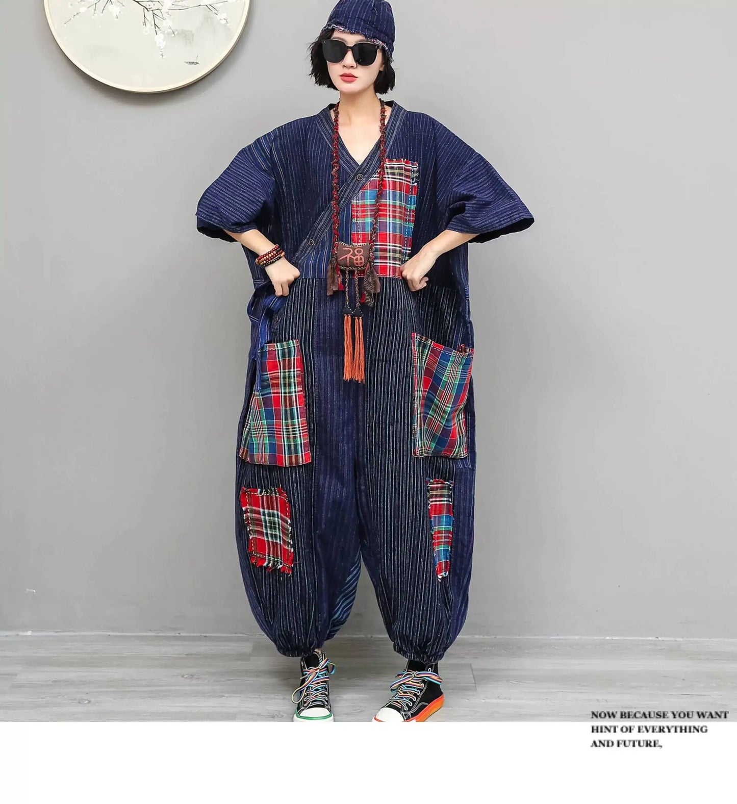 Women Plaid Jumpsuit Loose Wide Legs Short Sleeves Diagonal Buttons Straps Jumpsuit LX6229