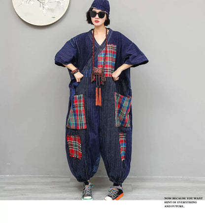 Women Plaid Jumpsuit Loose Wide Legs Short Sleeves Diagonal Buttons Straps Jumpsuit LX6229