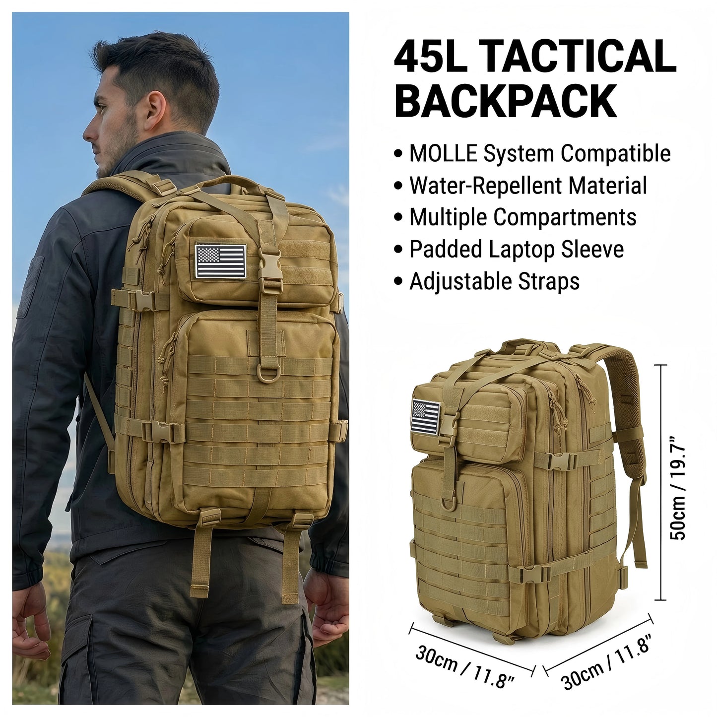 45L Tactical Fishing Backpack Molle Water Resistant Outdoor Tackle Bag Large Capacity Storage Camping Hiking Travel Rucksack Trekking Men Women Anglers Fishermen Rod Reel Gear Durable Multi Pocket Wear Resistant Lake River Se