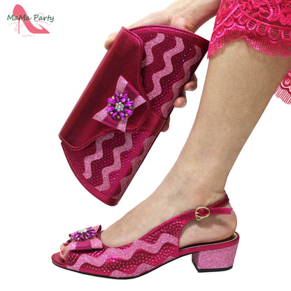 Golden Elegant Ladies Shoes Matching Bag Set Slingbacks Peep Toe Low Heels Fashion New Design Italian for Wedding